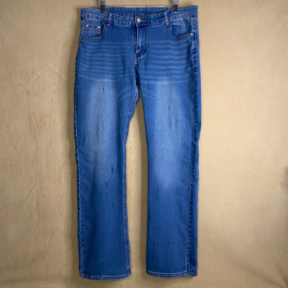 Women's Blue Denim Jeans Embellished Pockets Bootcut Medium Wash Sz XL +FLAW GUC